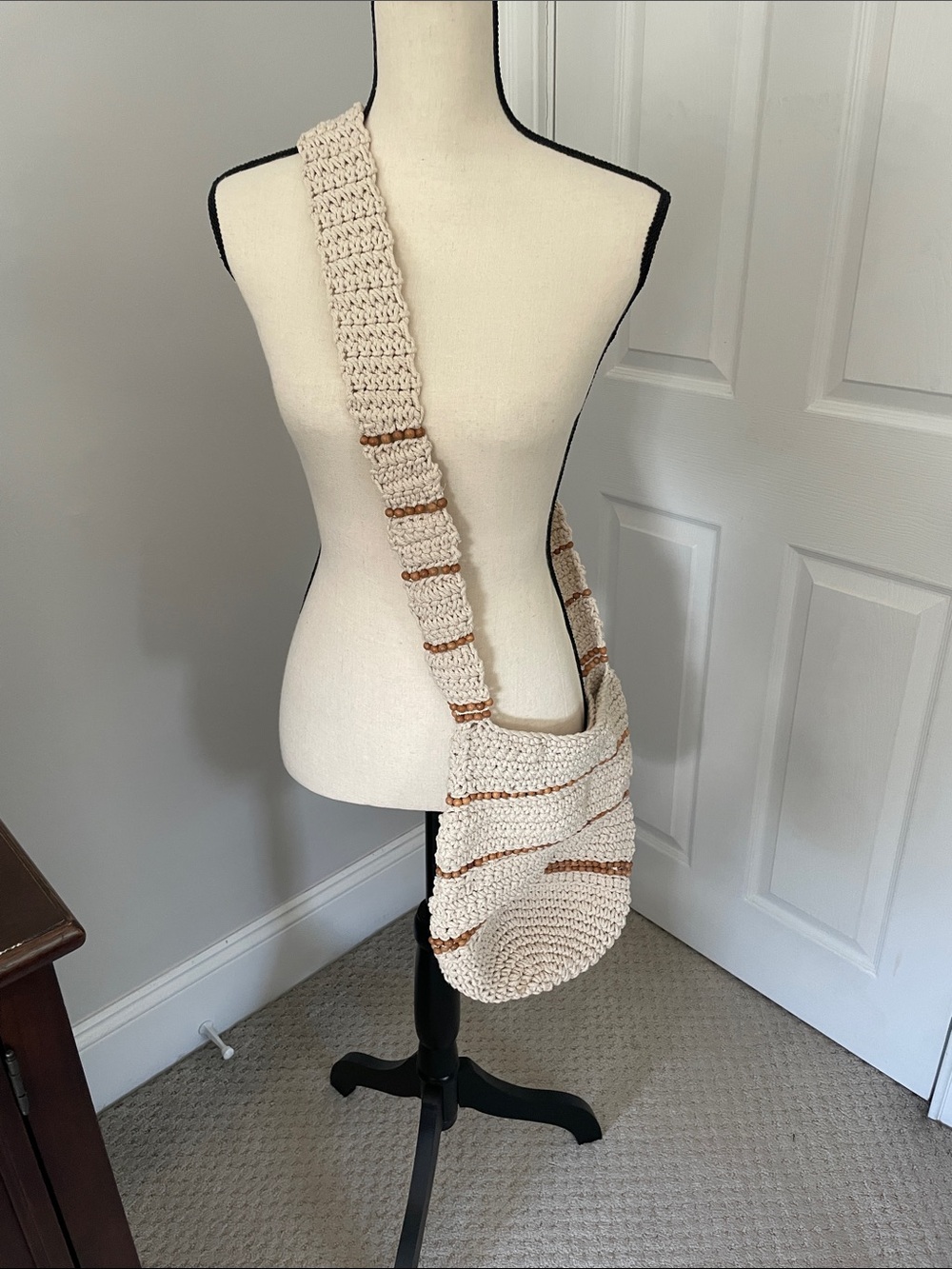 Free People Cream Crochet Crossbody Bag with Tan Stripes